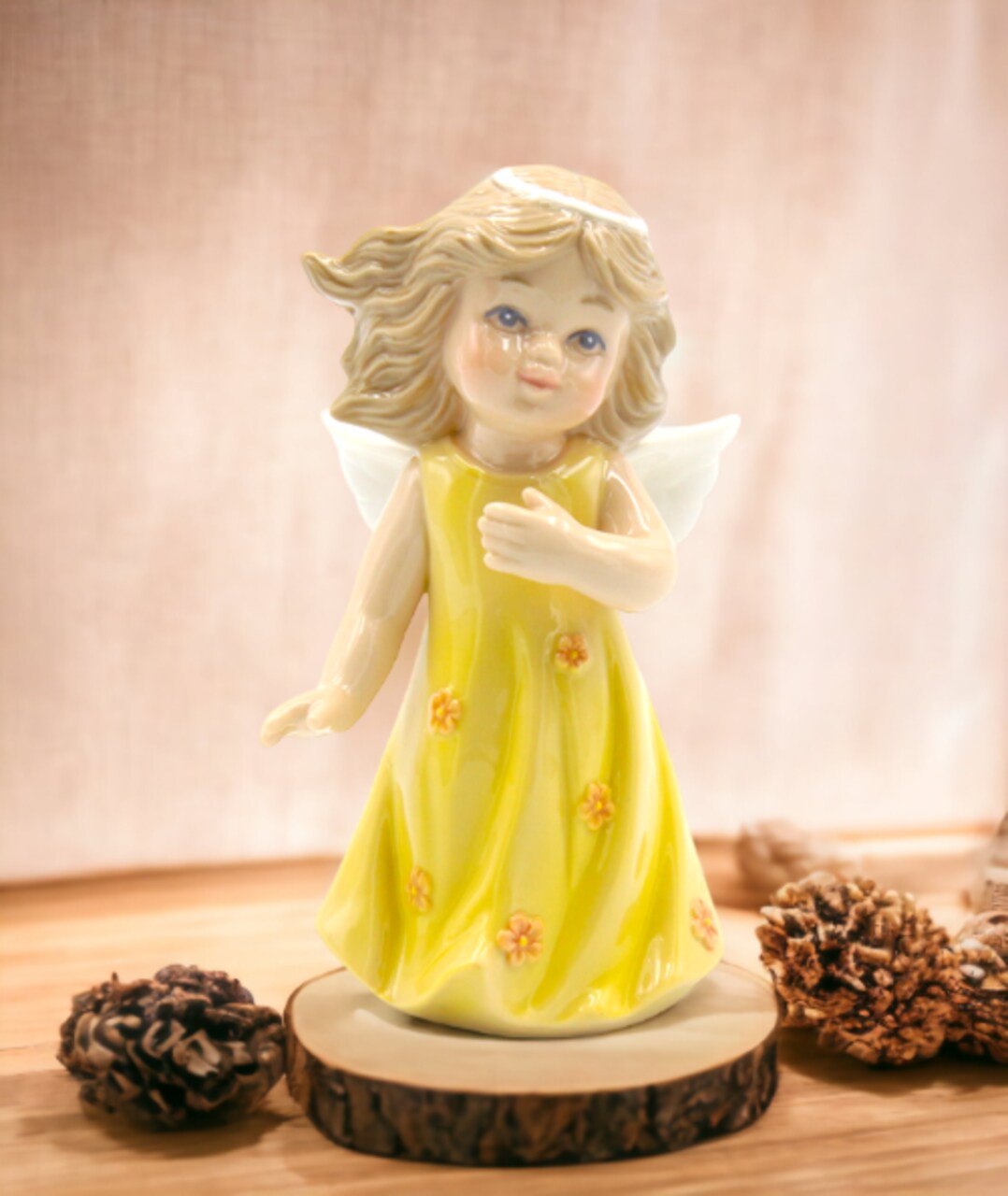 Ceramic Angel In Yellow Dress Figurine, Religious Décor, Religious Gift, Church Décor, Church Gift, Baptism Gift